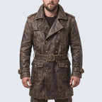 Men's Distressed Brown Genuine Leather Trench Coat with Gothic Pirate Captain Style