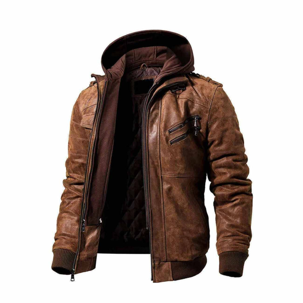 Men's Distressed Brown Leather Hood Jacket