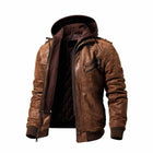Men's Distressed Brown Leather Hood Jacket