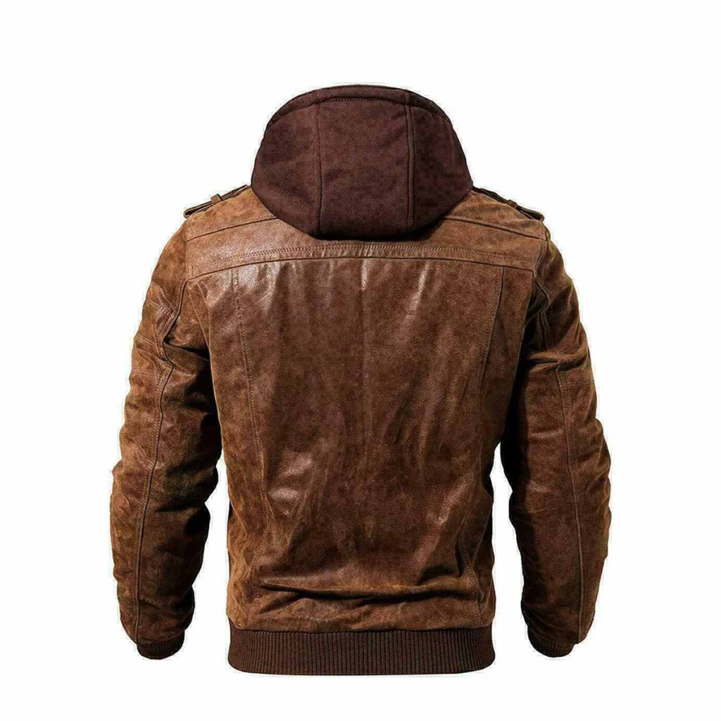 Men's Distressed Brown Leather Hood Jacket