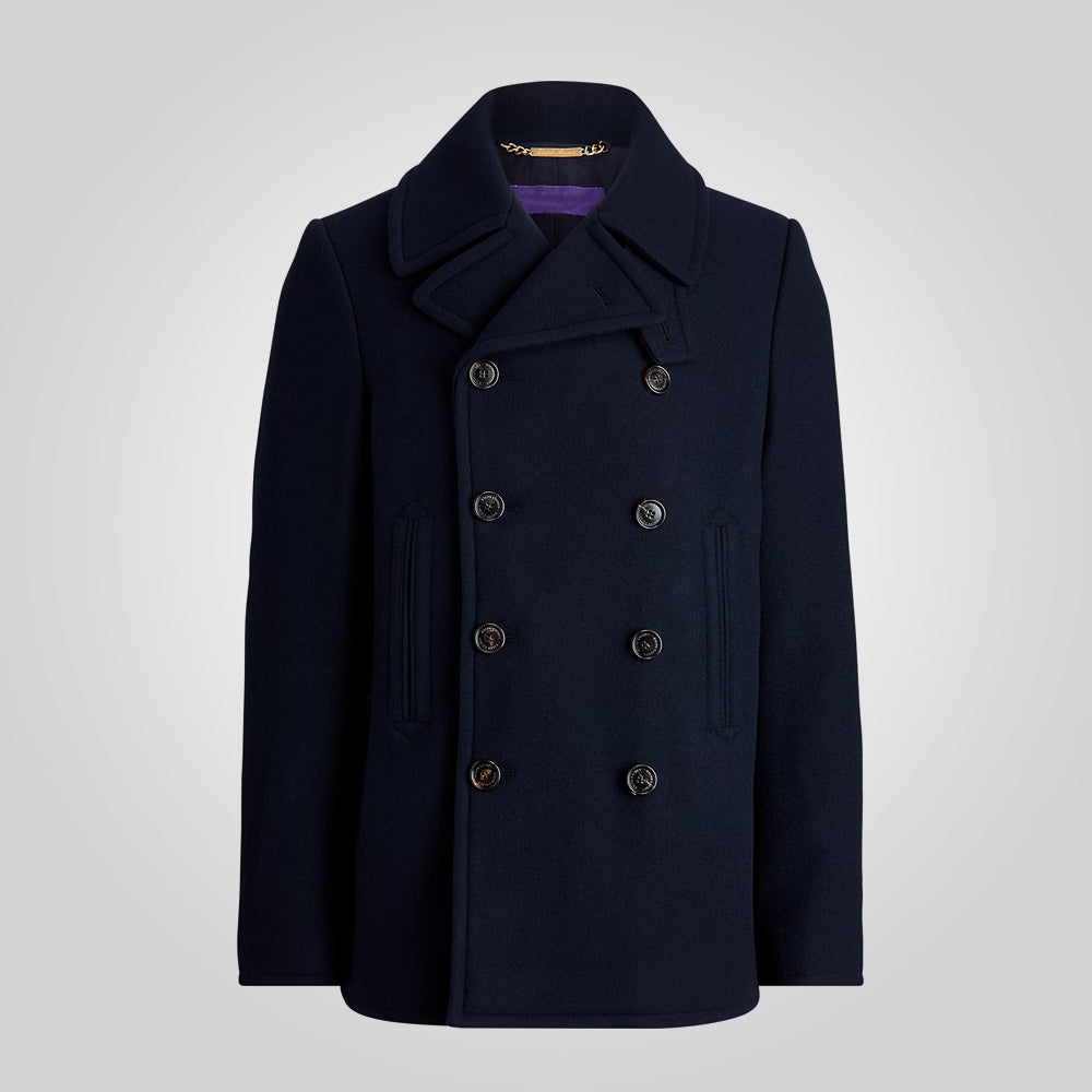 Men's Double Breasted Premium Wool Blue Pea Coat