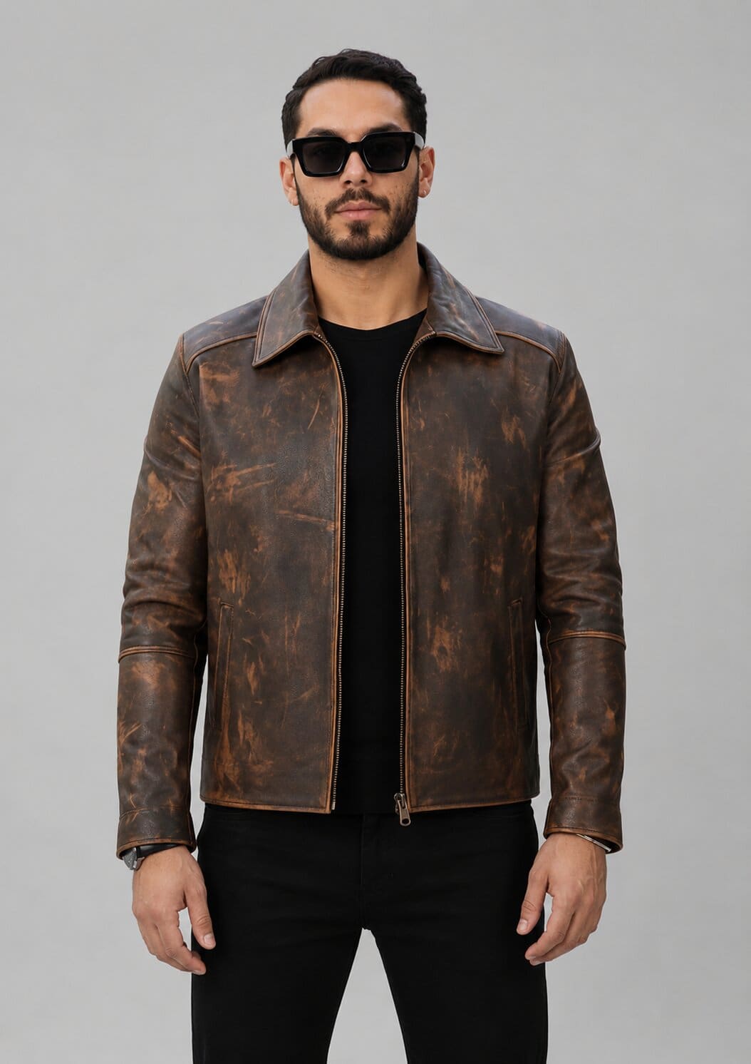 Handmade Brown Sheepskin Leather Biker Jacket for Men