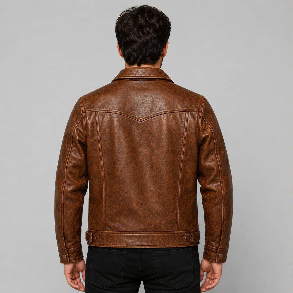 Men's Honey Brown Distressed Leather Racer Jacket with Quilted Shoulder Biker Style