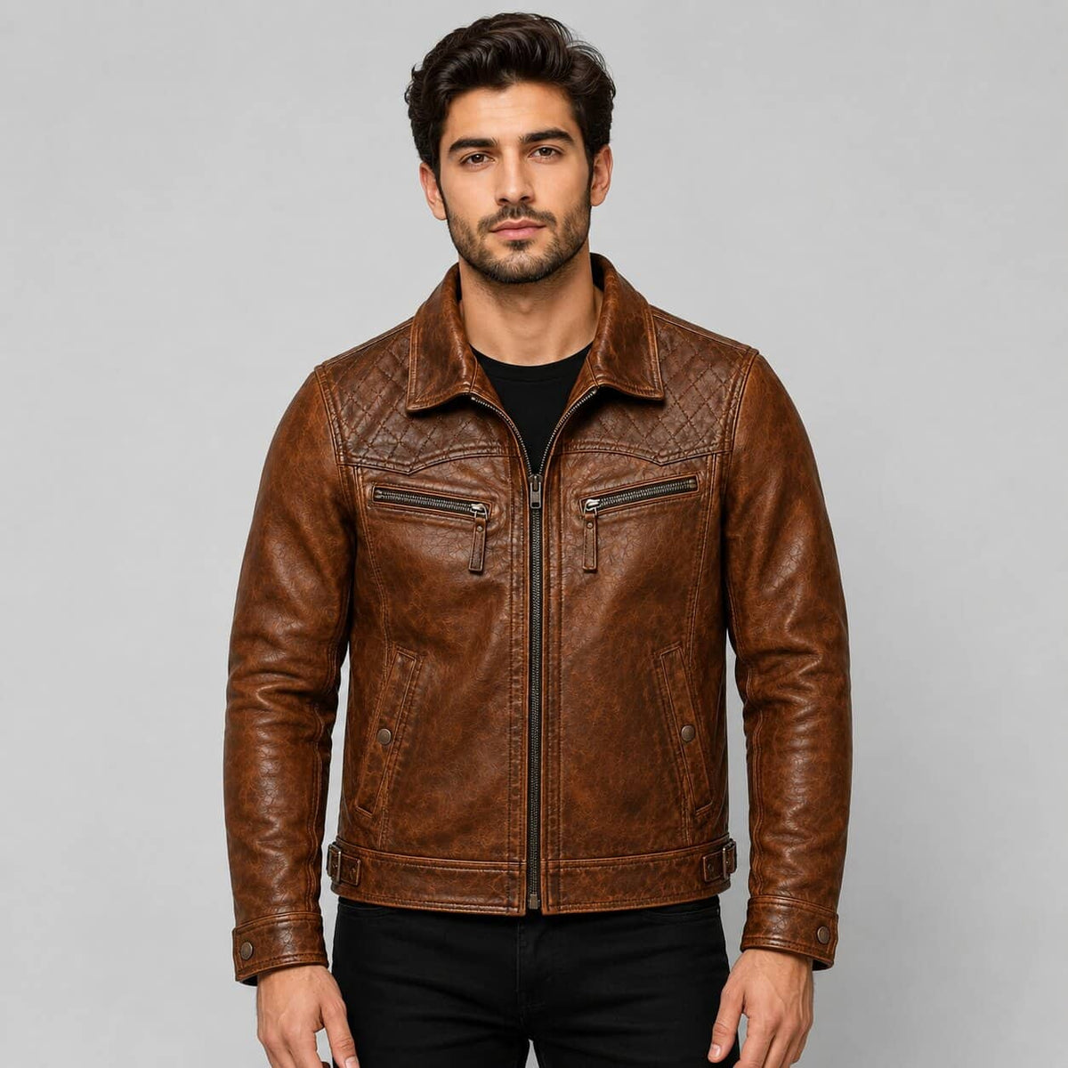 Men's Honey Brown Distressed Leather Racer Jacket with Quilted Shoulder Biker Style