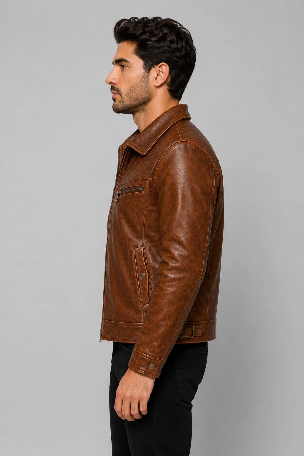 Men's Honey Brown Distressed Leather Racer Jacket with Quilted Shoulder Biker Style