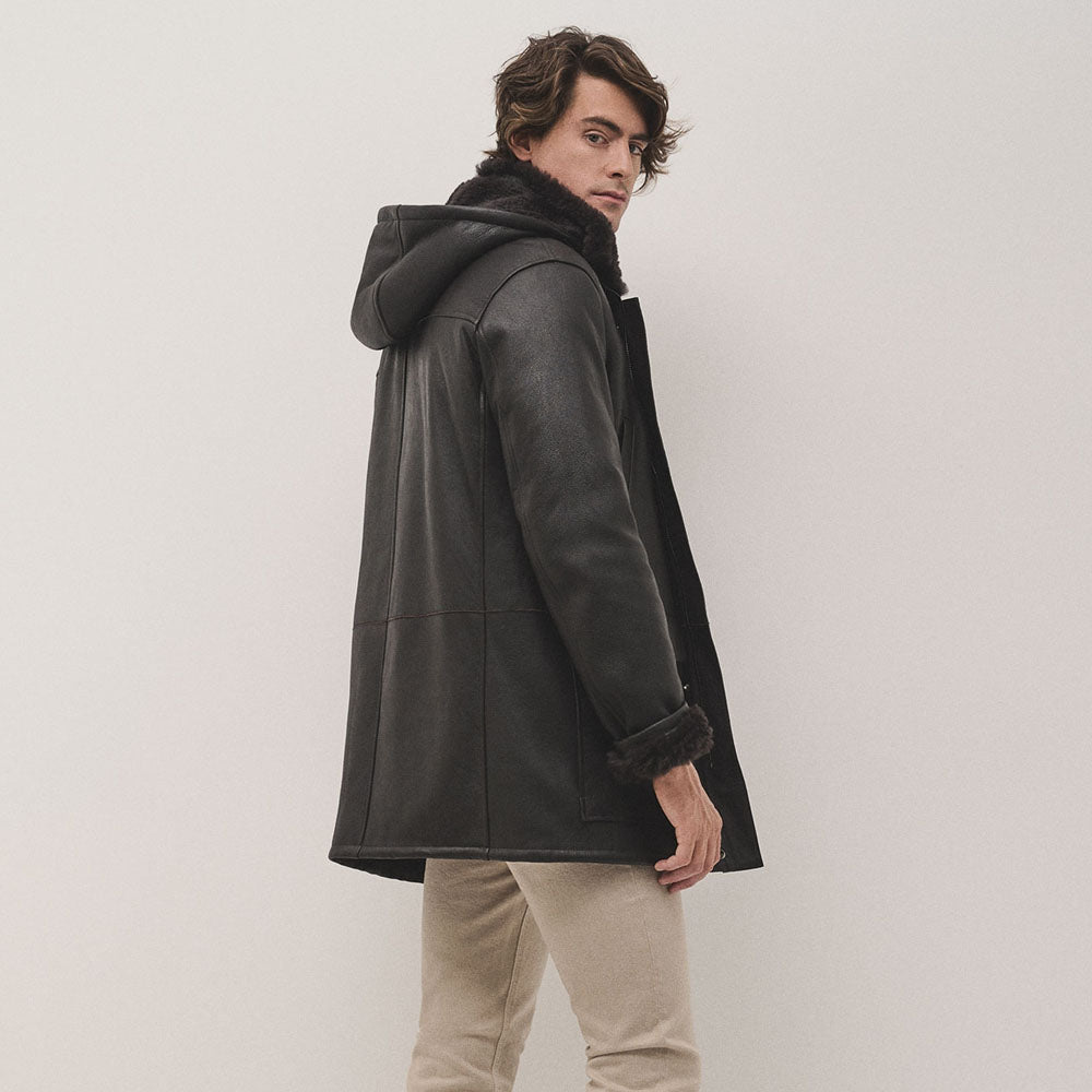 Men's Hooded Brown Long Sheepskin Coat