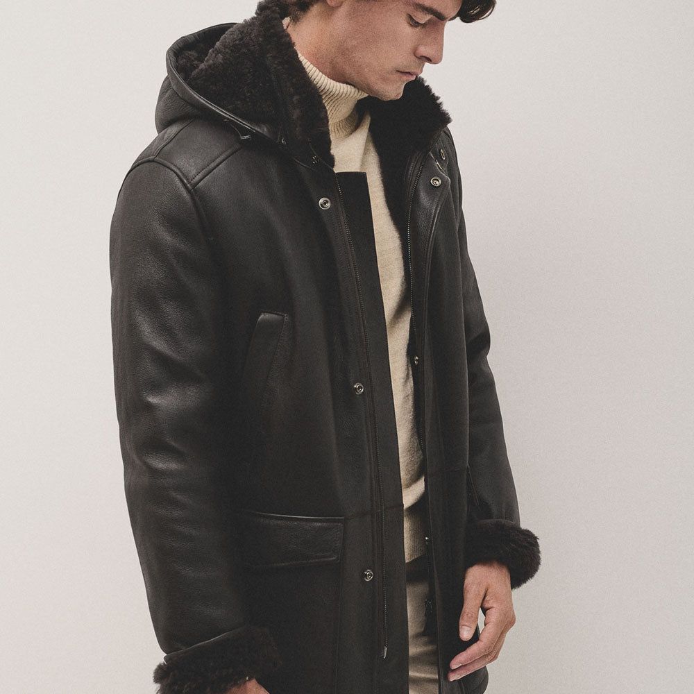 Men's Hooded Brown Long Sheepskin Coat