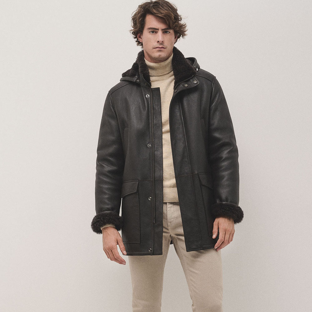 Men's Hooded Brown Long Sheepskin Coat