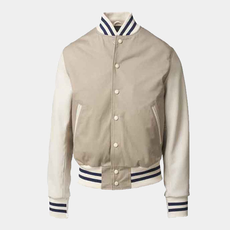 Men's Long Sleeves Beige Leather Varsity Jacket