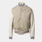 Men's Long Sleeves Beige Leather Varsity Jacket