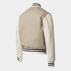 Men's Long Sleeves Beige Leather Varsity Jacket