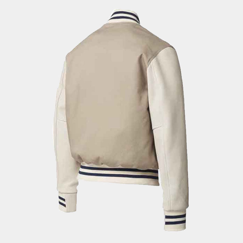 Men's Long Sleeves Beige Leather Varsity Jacket