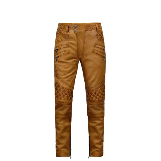 Men's Burnt Brown Leather Pants | Sheepskin Biker Style