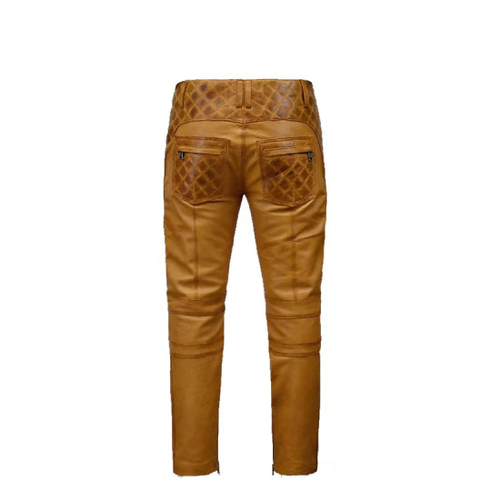 Men's Burnt Brown Leather Pants | Sheepskin Biker Style
