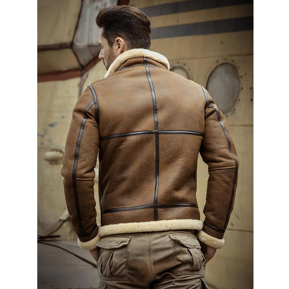 New Men's 2025 RAF Double Collar Waxed RAF Flying Sheepskin Shearling Jacket Coat