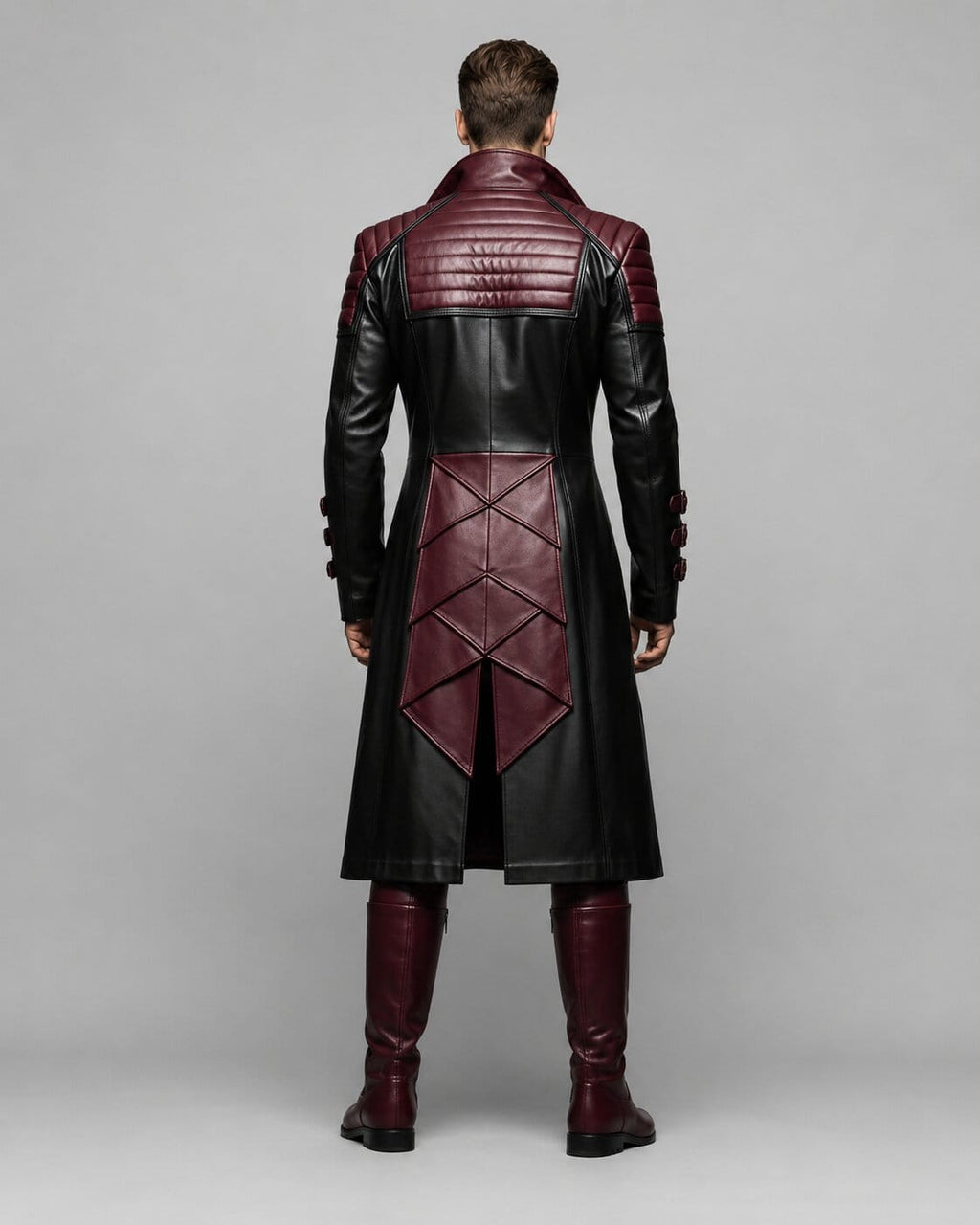 Men's Red And Black Genuine Leather Fantasy Coat With Warrior Design