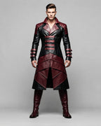 Men's Red And Black Genuine Leather Fantasy Coat With Warrior Design