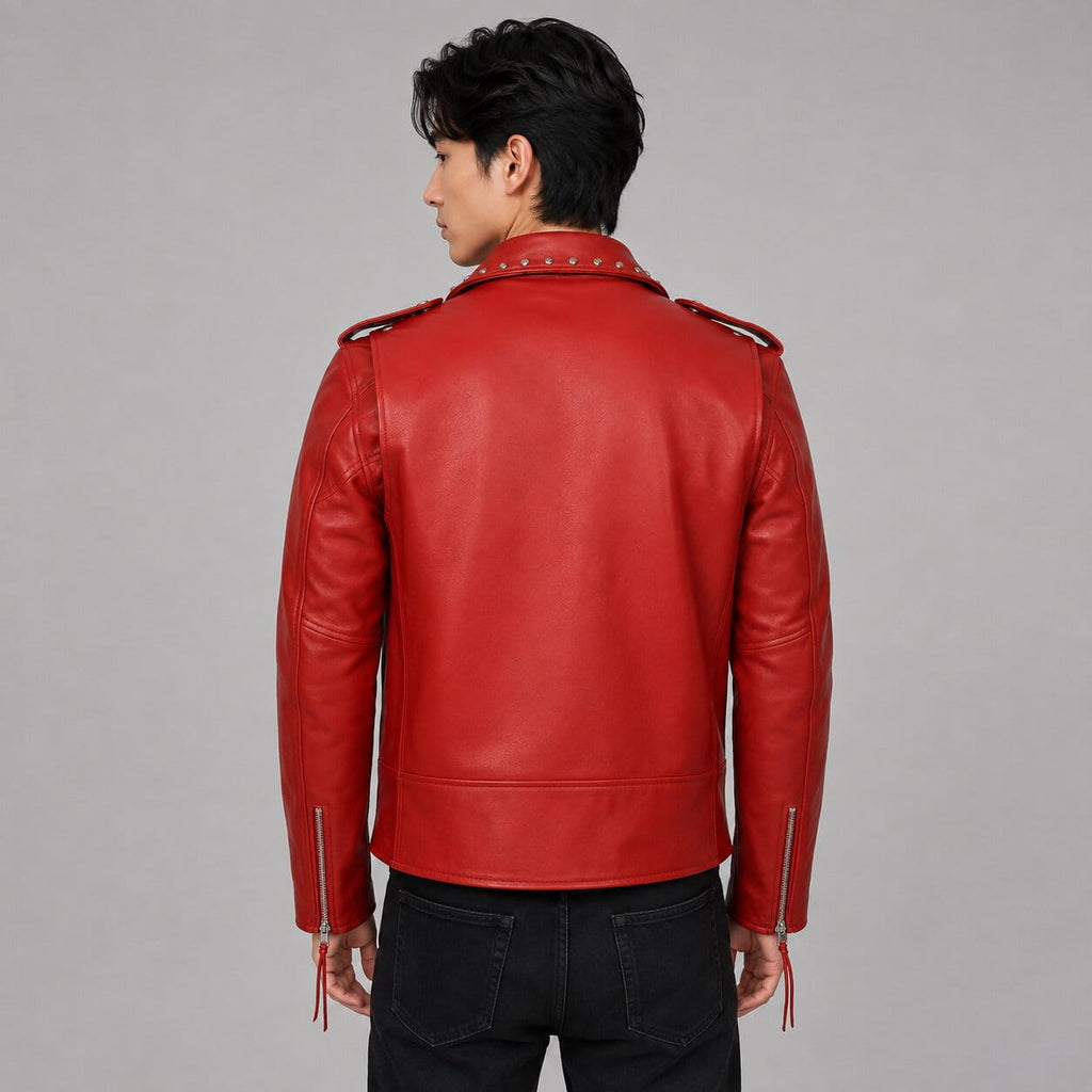 Men's Red Cowhide Leather Biker Jacket - Durable Riding Outerwear