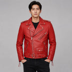 Men's Red Cowhide Leather Biker Jacket - Durable Riding Outerwear