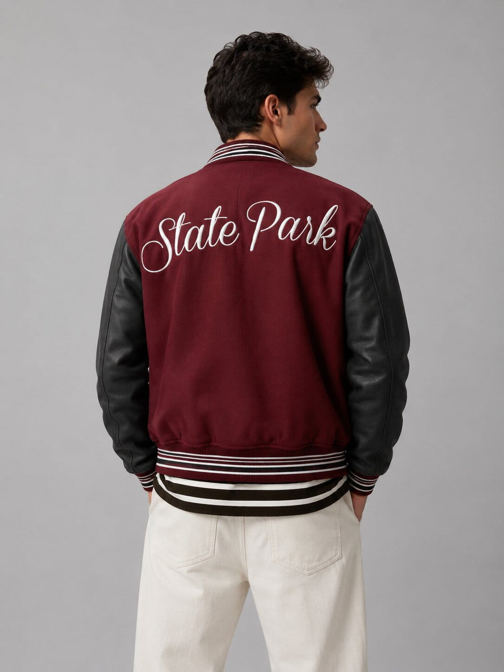 Men's Red Varsity Bomber Leather Jacket - Classic Design