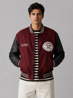 Men's Red Varsity Bomber Leather Jacket - Classic Design