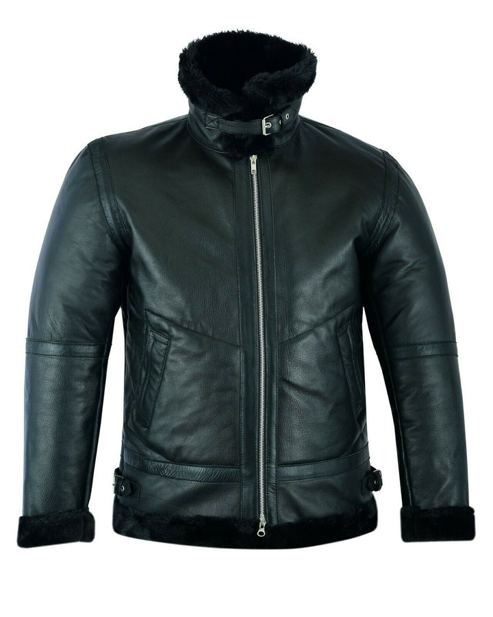 Men's Shearling Leather Black Fur B3 RAF Aviator Bomber Sheepskin Jacket