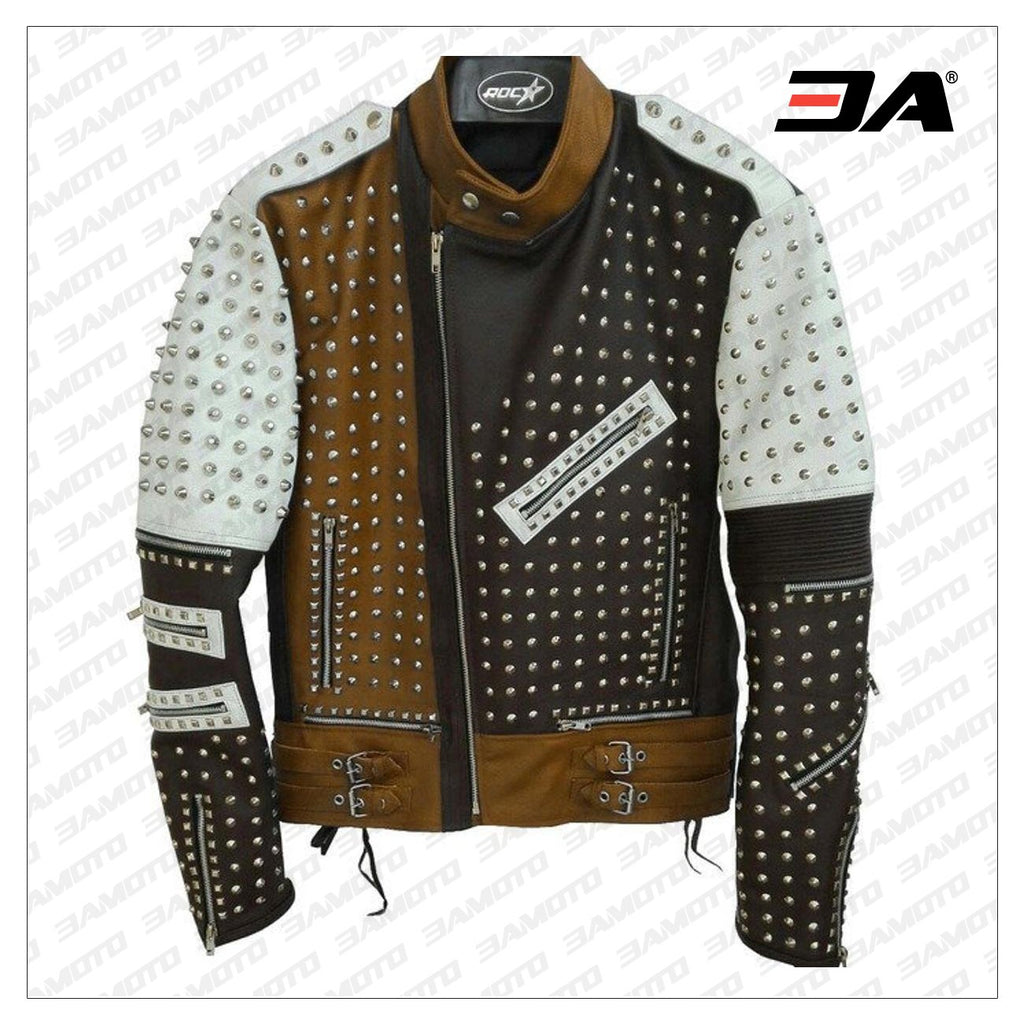 Mens Silver Studded Leather Jacket Black-White-Brown Leather Jacket
