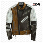 Mens Silver Studded Leather Jacket Black-White-Brown Leather Jacket