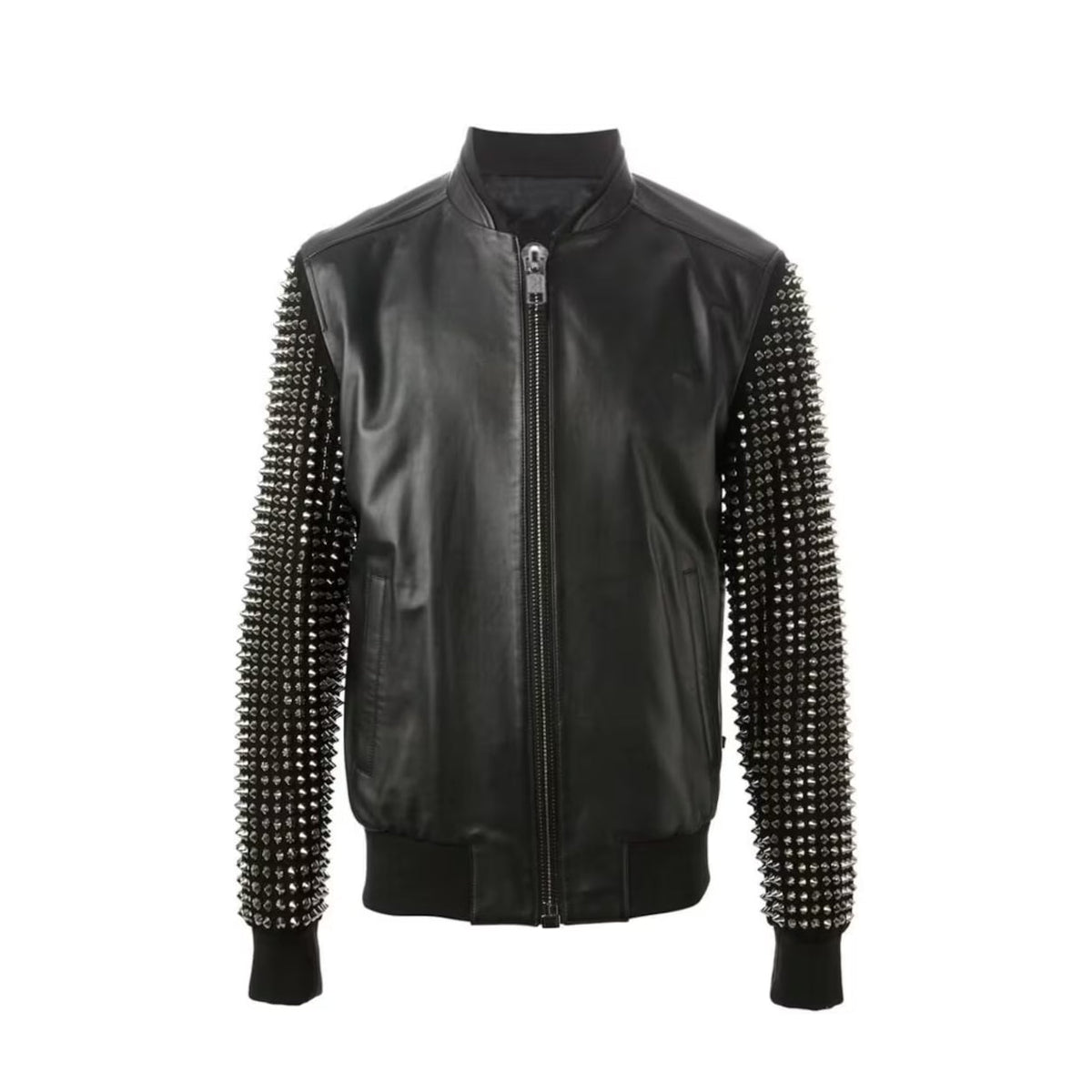 Men's Studded Bomber Zippered Leather Jacket