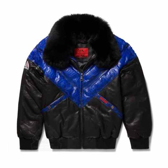Men's V-Bomber Blue Python Skin Leather Jacket