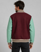 Men's Varsity Bomber Leather Jacket in Wine Red & Sky Blue Sleeves