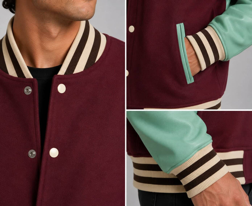 Men's Varsity Bomber Leather Jacket in Wine Red & Sky Blue Sleeves