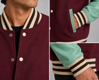 Men's Varsity Bomber Leather Jacket in Wine Red & Sky Blue Sleeves