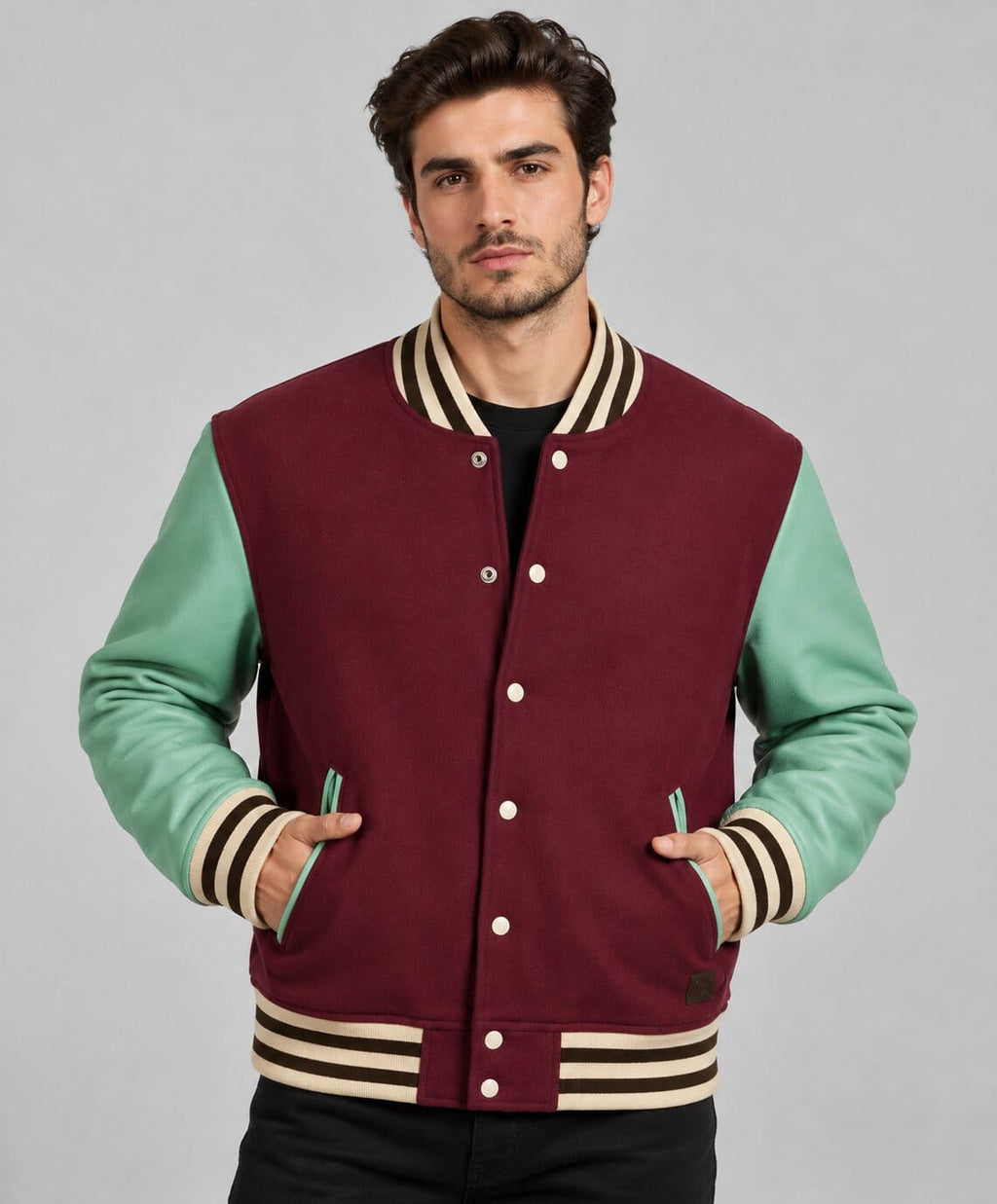 Men's Varsity Bomber Leather Jacket in Wine Red & Sky Blue Sleeves