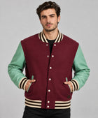 Men's Varsity Bomber Leather Jacket in Wine Red & Sky Blue Sleeves
