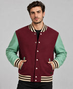Men's Varsity Bomber Leather Jacket in Wine Red & Sky Blue Sleeves