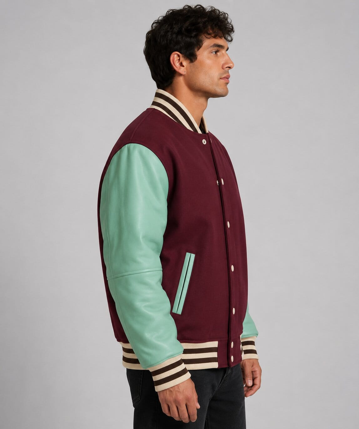 Men's Varsity Bomber Leather Jacket in Wine Red & Sky Blue Sleeves