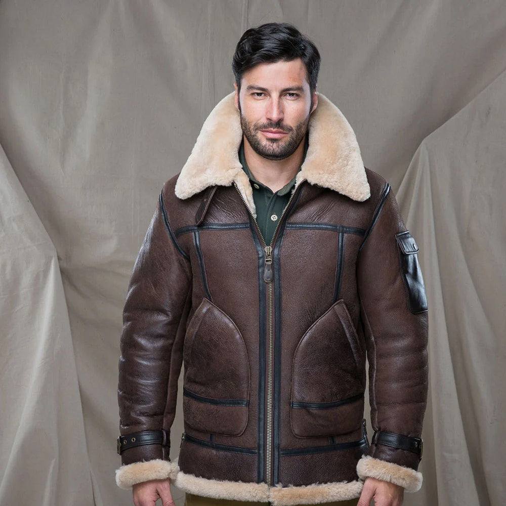 Men's WWII B3 bomber Sheepskin Shearling Long Coat