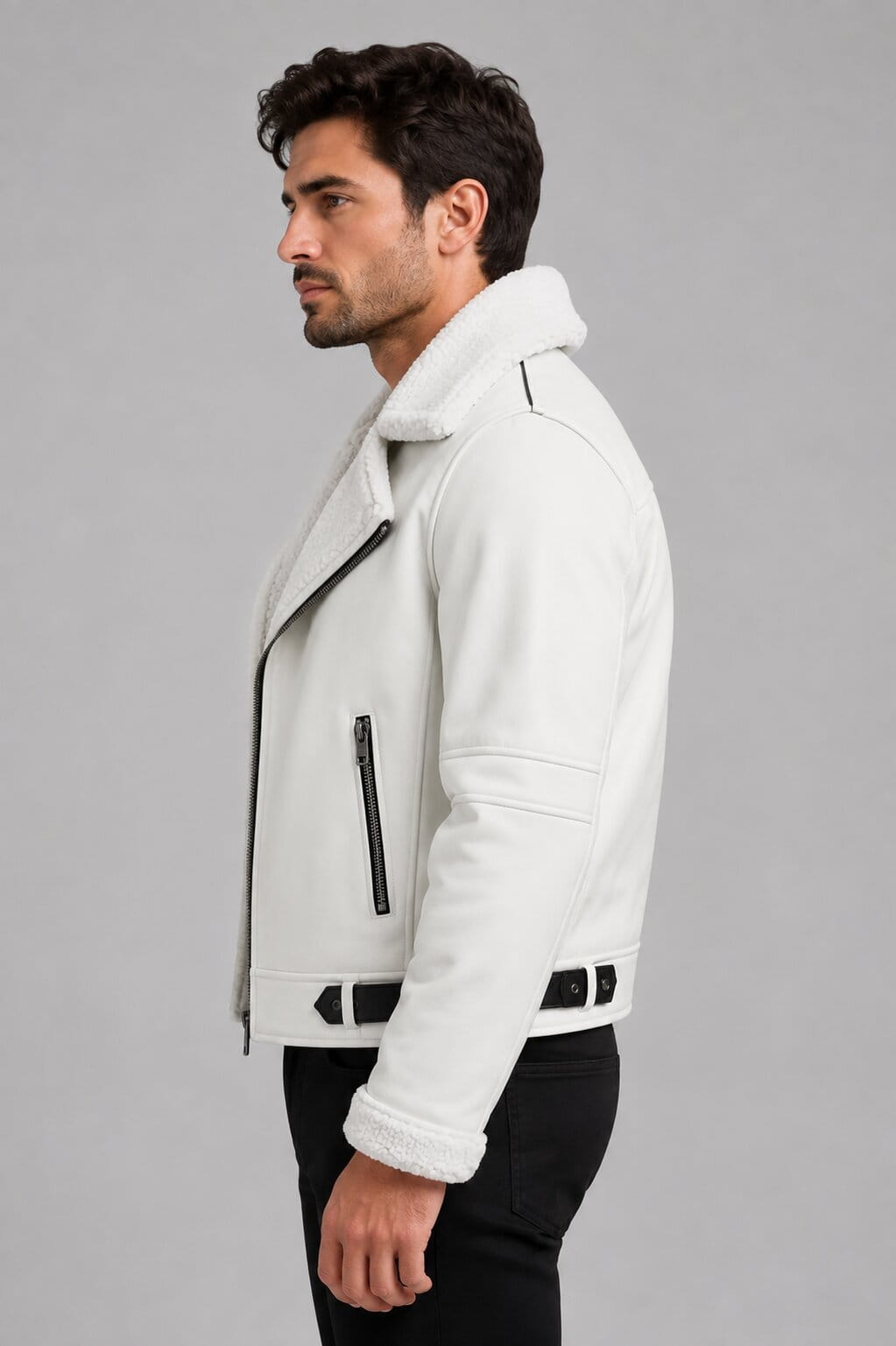 Men White Sheepskin B3 Aviator Jacket Shearling Lined Bomber
