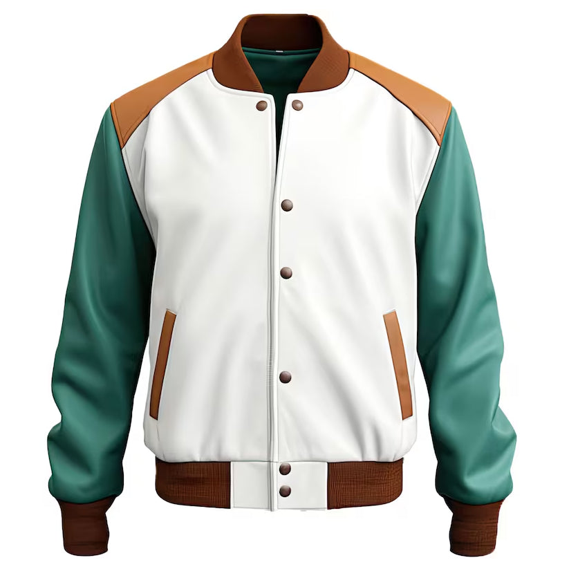 Men’s White Sea Green Genuine Varsity Leather Jacket