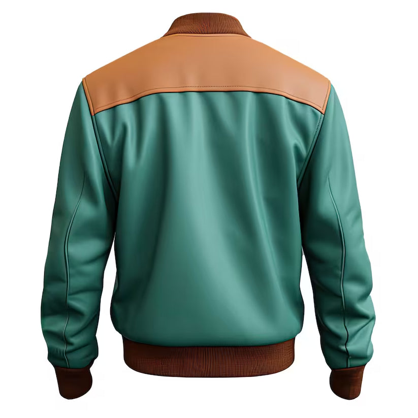 Men’s White Sea Green Genuine Varsity Leather Jacket