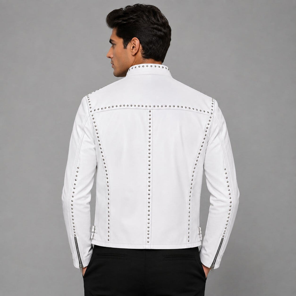 Men's White Studded Brando Leather Biker Jacket - Bold Style