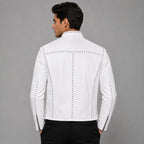 Men's White Studded Brando Leather Biker Jacket - Bold Style