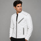 Men's White Studded Brando Leather Biker Jacket - Bold Style