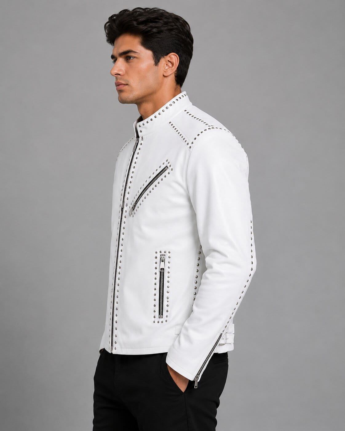 Men's White Studded Brando Leather Biker Jacket - Bold Style