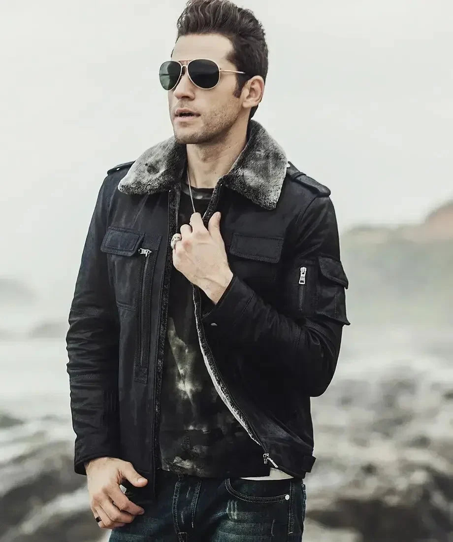 Men's Aurora Black Sheepskin Leather Faux Shearling Jacket