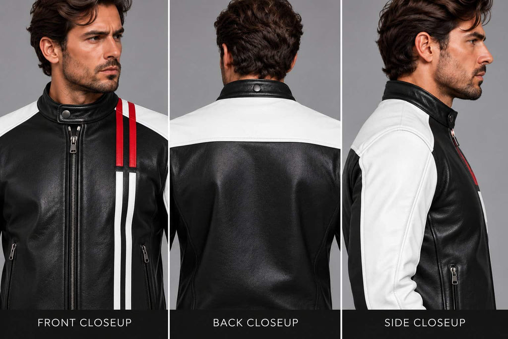 Men’s Black Leather Biker Jacket with White Sleeves and Red Stripe