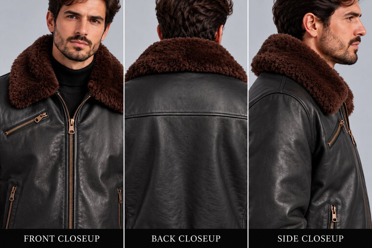 Men’s Classic Black Leather Bomber Jacket with Shearling Collar