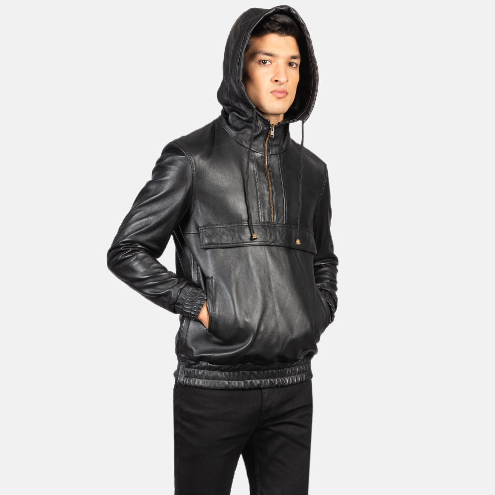 Kenton Hooded Black Leather Pullover Jacket