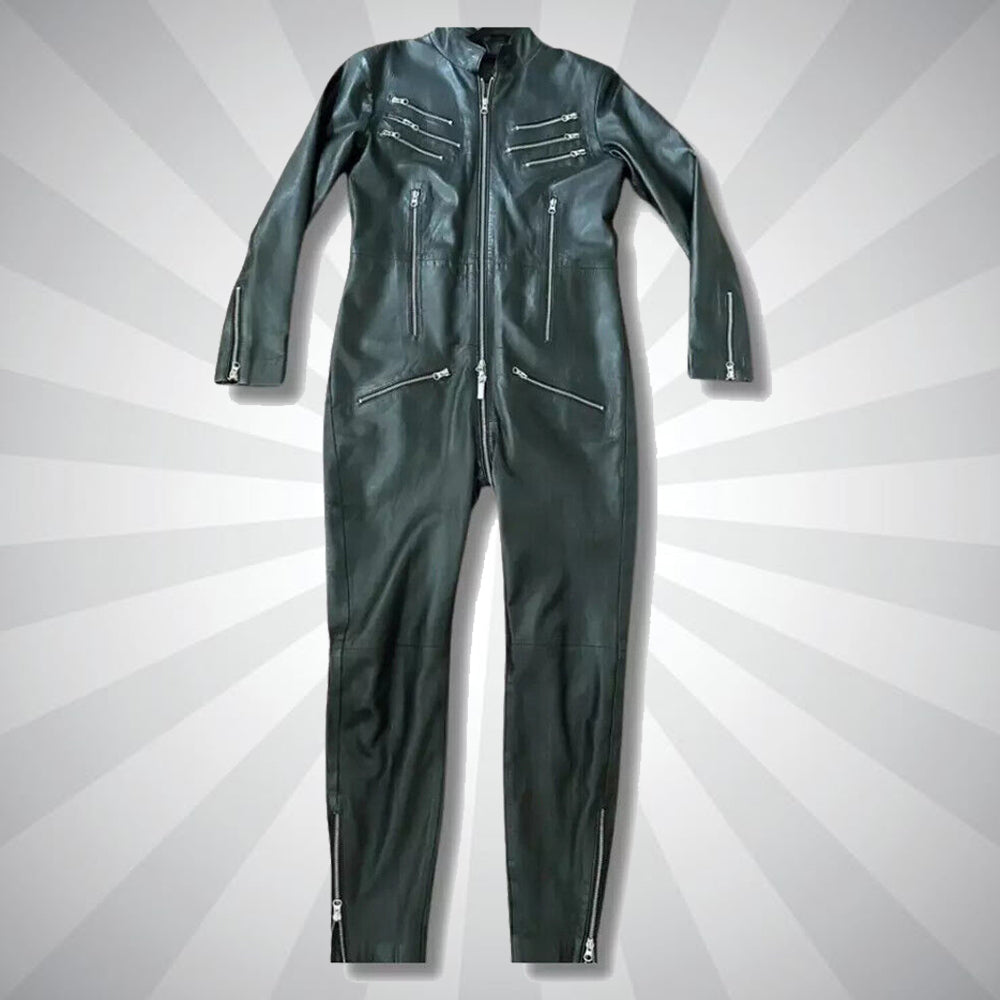 Men's Genuine Soft Leather Jumpsuit Black Work Uniform Suit with Front Zipper